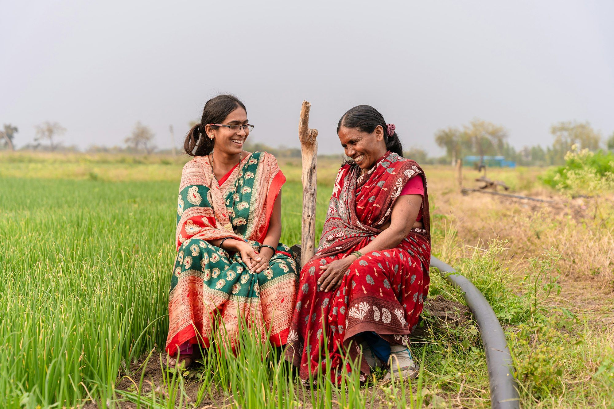 Two Indian women in colourful sarees sitting together in a green field, talking and smiling.