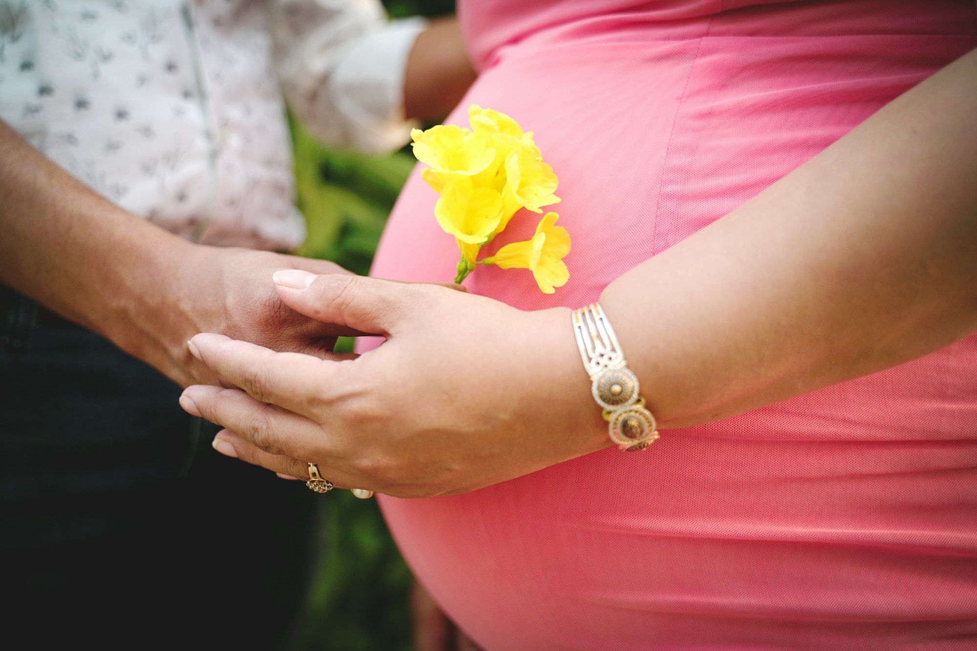 A pregnant woman in a pink dress holding a sprig of yellow flowers against her belly while her partner holds her hand.